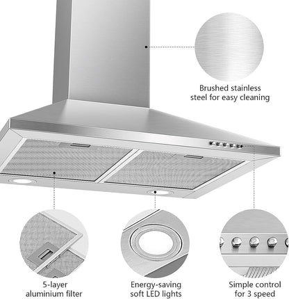 SNDOAS Afzuigkap 60 cm, klasse A++, 350 m³/u, Wandkap met 2 koolstoffilters, 3 snelheden, afvoer of recycling, led-verlichting, roestvrijstalen
