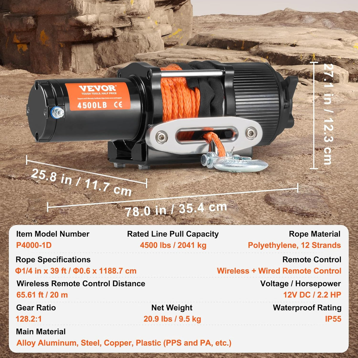 VEVOR Kabellier 12 V, 2041 kg, elektrische lier 12 V DC voor terreinvoertuigen/UTV's, motorlier met 12-strengs synthetisch touw (diameter 0,6 x 1188,7 cm), aluminium kabelgeleiding