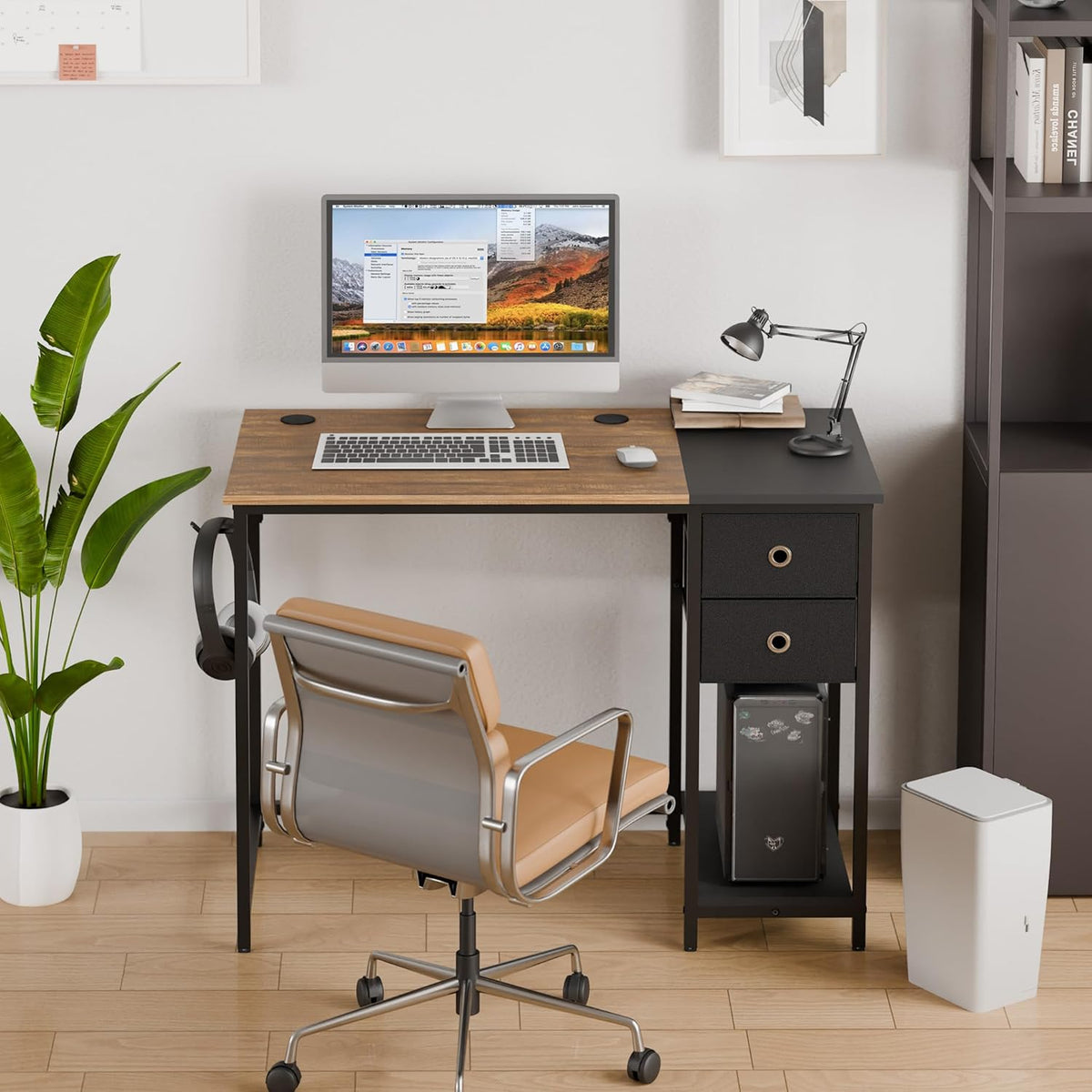 Mondeer Computerbureau, bureau met 2 laden en opbergplank links of rechts, 100 x 50 x 76 cm, industriële stijl, thuiskantoor werkstation studie, rustiek bruin en zwart