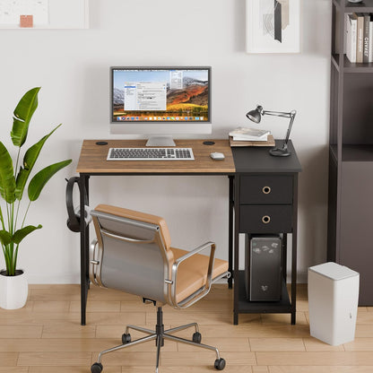 Mondeer Computerbureau, bureau met 2 laden en opbergplank links of rechts, 100 x 50 x 76 cm, industriële stijl, thuiskantoor werkstation studie, rustiek bruin en zwart
