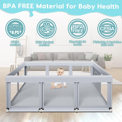 188cm×50" Large Baby Playpen Baby Playground for Babies and Toddlers, Baby Fence Play Pins for Indoor & Outdoor, Sturdy Safety Playground with Soft Breathable Mesh, Anti-Fall, Grey - QUORE