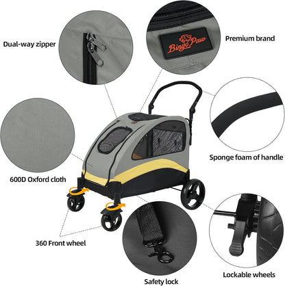BingoPaw Heavy duty hondenwagen voor zware grote honden: opvouwbare hondenbuggy, tot 42 kg, hondenbuggy met 4 wielen, 3 netramen, verstelbare handgreep