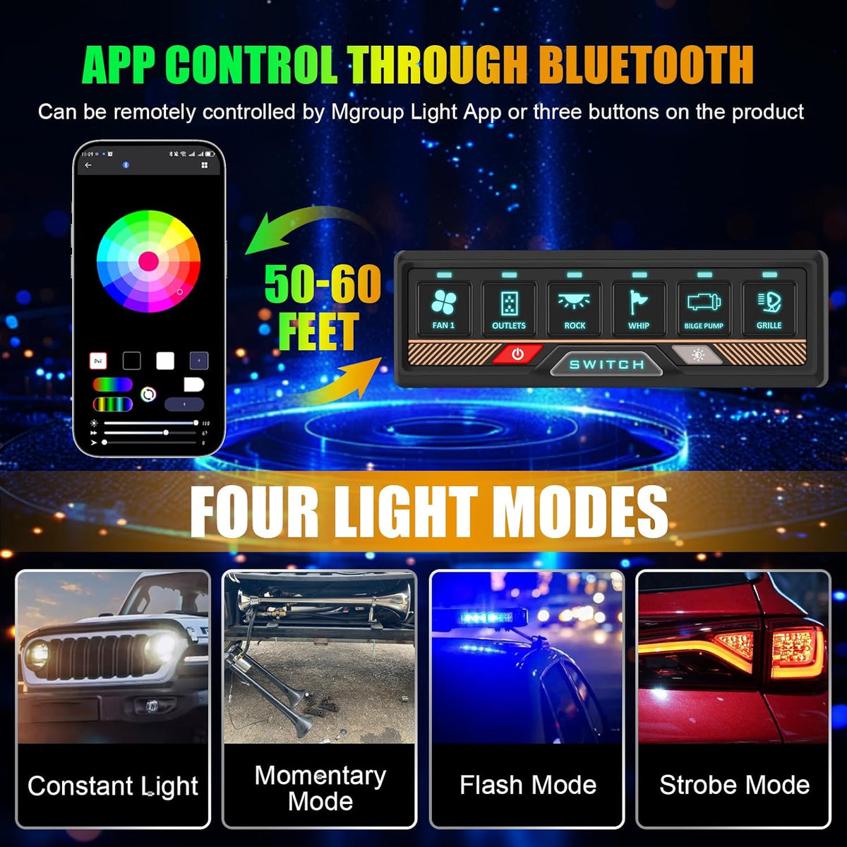 Chelhead RGB Schakelpaneel met 6 versnellingen, met app-bediening, universeel schakelcircuitbesturingsrelaisysteem, multifunctioneel bluetooth-schakelpaneel, compatibel met vrachtwagen, boot, SUV