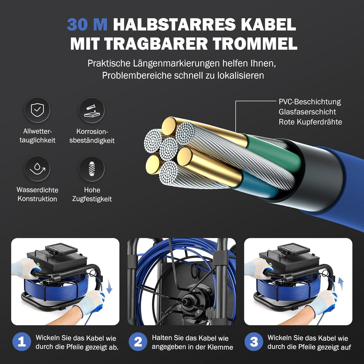 ZELCAN Inspectiecamera met 30 meter kabel en 4,3 inch lcd-scherm, videoinspectie voor buizen, waterdicht IP68, sonde met camera voor inspectieluizen voor afvoerbuizen