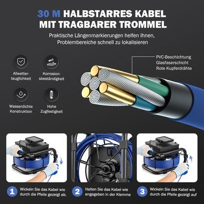 ZELCAN Inspectiecamera met 30 meter kabel en 4,3 inch lcd-scherm, videoinspectie voor buizen, waterdicht IP68, sonde met camera voor inspectieluizen voor afvoerbuizen