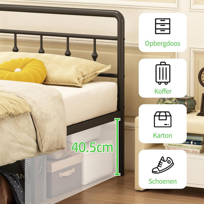 EMODA Metalen Bedframe 160 x 200 cm met Hoofdeinde en Voetenbord, Heavy Duty Bedframe 46 cm hoog met stalen lattenbodem, Eenvoudige montage, Geluidsvrij, Zwart