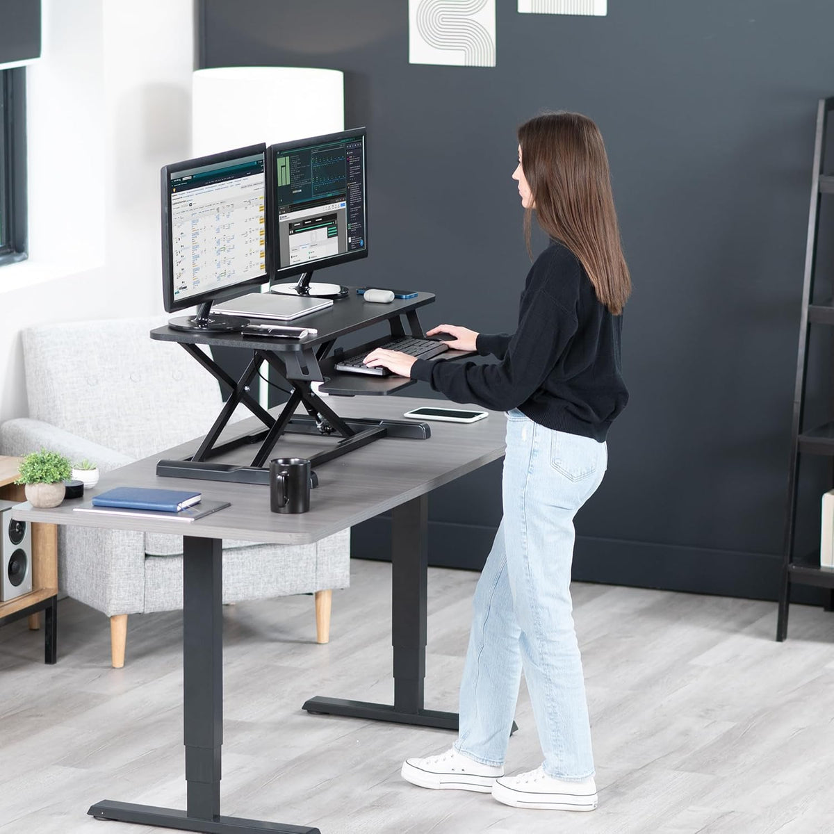 Vivo DESK-V036KB Height Adjustable Desk Attachment, Sit-Stand Dual Monitor Workstation and Laptop with Wide Keyboard Tray, Black, 36 Inch - QUORE