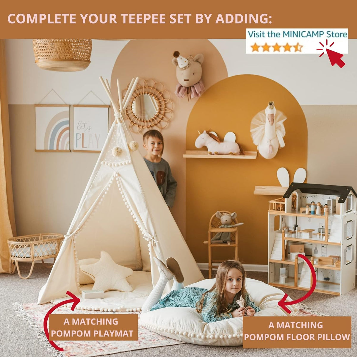 MINICAMP Originele tipi-tent voor kinderen, handgemaakt natuurlijk canvas en houten speelhuis voor kinderen en peuters, indoor logeerpartijtje speeltent voor meisjes en jongens, extra stabiele