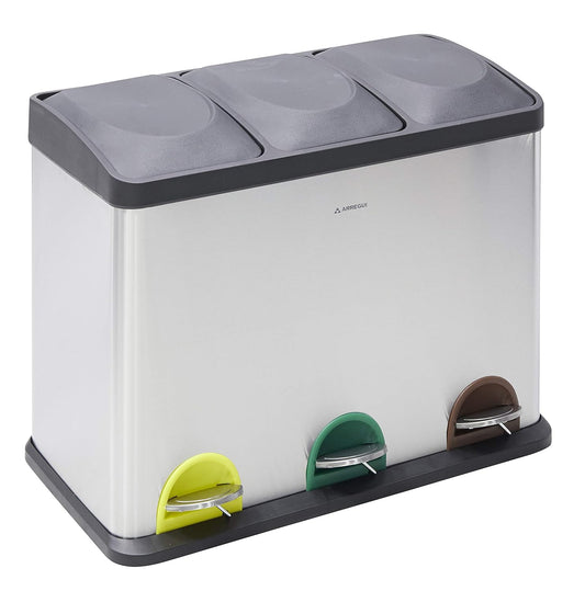 ARREGUI Step Bin CR705-45L Stalen Afval- en Recyclingbak met Pedaal | 3x15L (45L) | Keukenafvalbakken | Recycleeremmer voor Huis en Kantoor