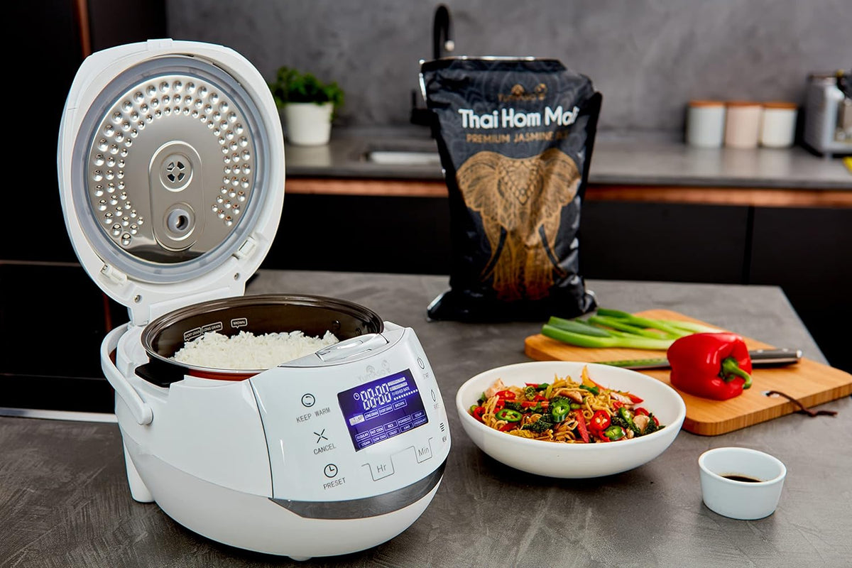 Yum Asia Sakura rijstkoker met keramische kom en Advanced Fuzzy Logic (8 kopjes, 1,5 liter) 6 rijstkokerfuncties, 6 multi-cooker functies, Motouch LED-display, 220-240V EU (White and Silver)