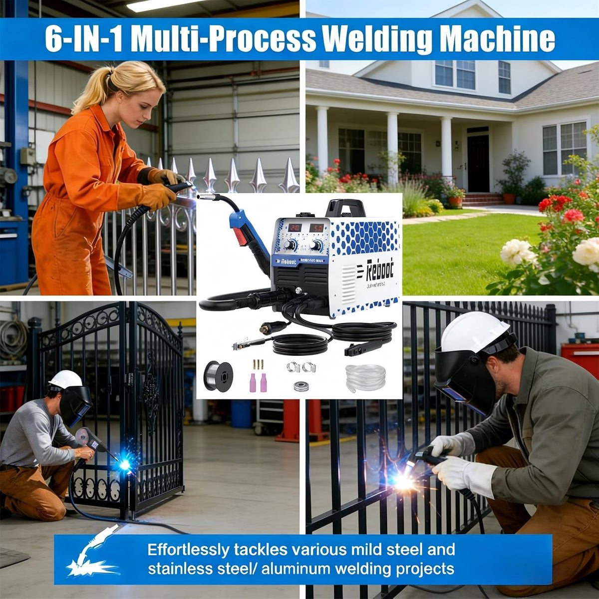 REBOOT 210A 6-in-1 MIG-laser, 220 V, gasloze flux core MIG/elektroden/lift TIG/puntlassen, aluminium multiproces met led-display, compatibel met spoel-gun, RBM2100 MAX
