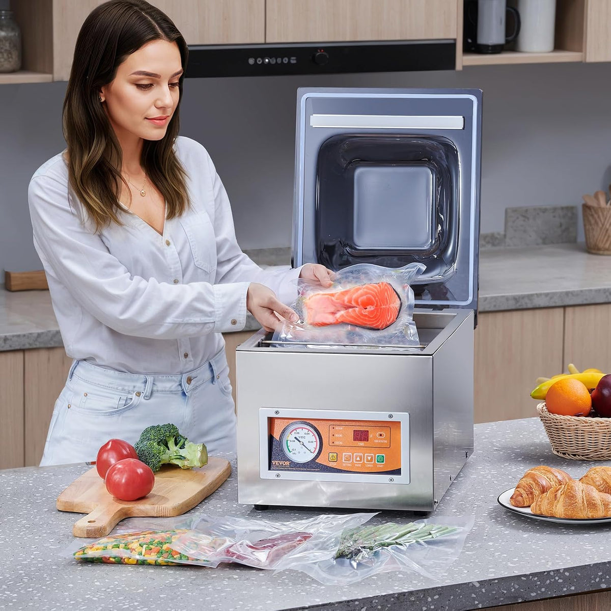 VEVOR 260 W kamer vacuüm verpakkingsmachine compact formaat 260 mm in de keuken thuis en voor commercieel gebruik voor nat voedsel, vlees, marinades