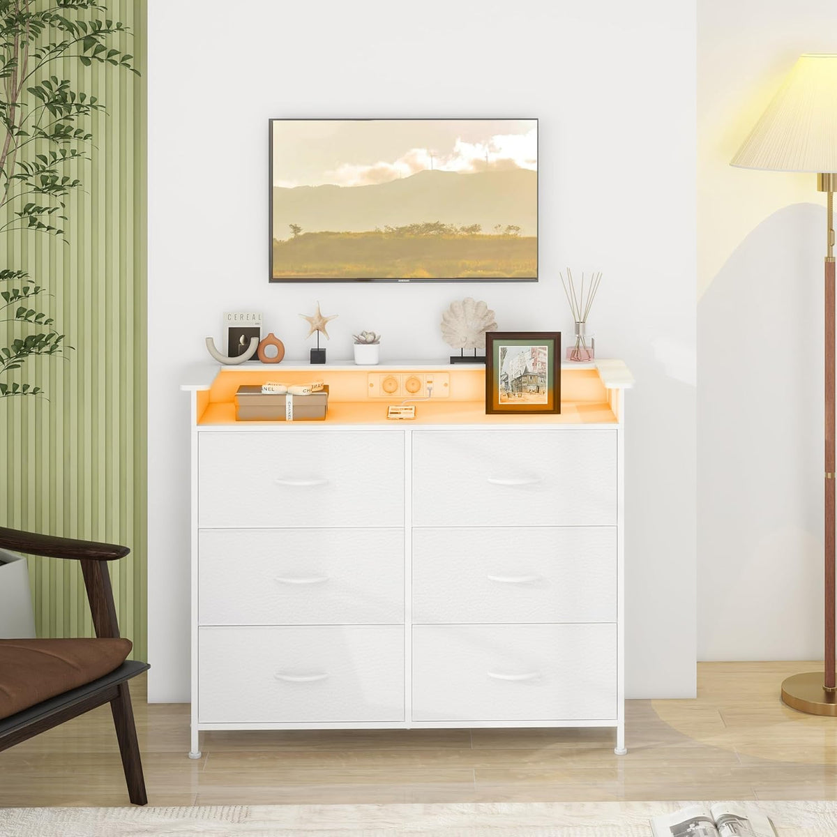 VEDECASA Commode met 6 laden en LED-verlichting. Dressoir met 2 USB-poorten & 2 stopcontacten. Opbergtoren met kast voor slaapkamer, woonkamer en hal, metalen frame, houten plaat