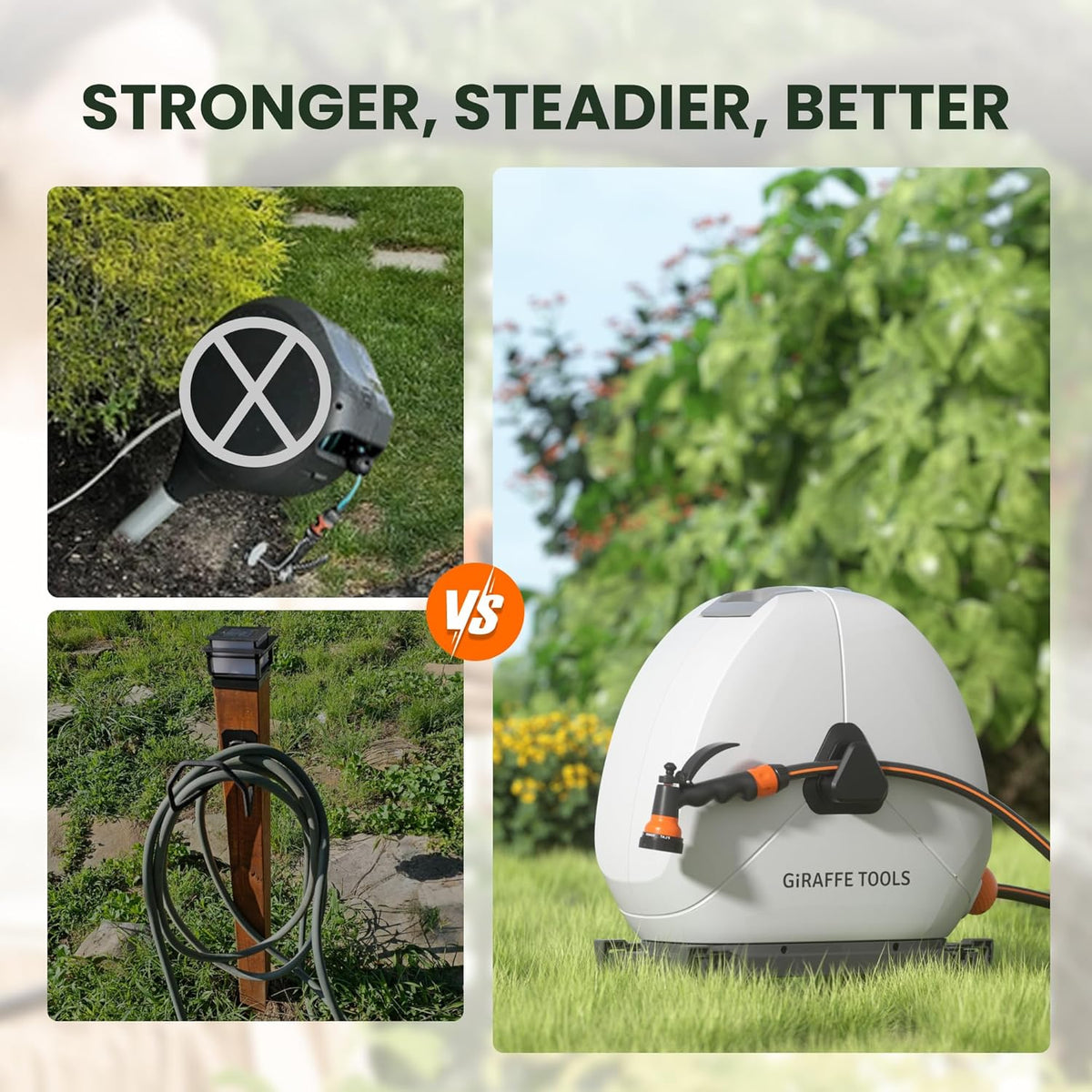 Giraffe Tools Intrekbare slanghaspel met 30 m, zware grondmontage tuinslanghaspel, met 9 functies sproeier en flexibele draaibare basis