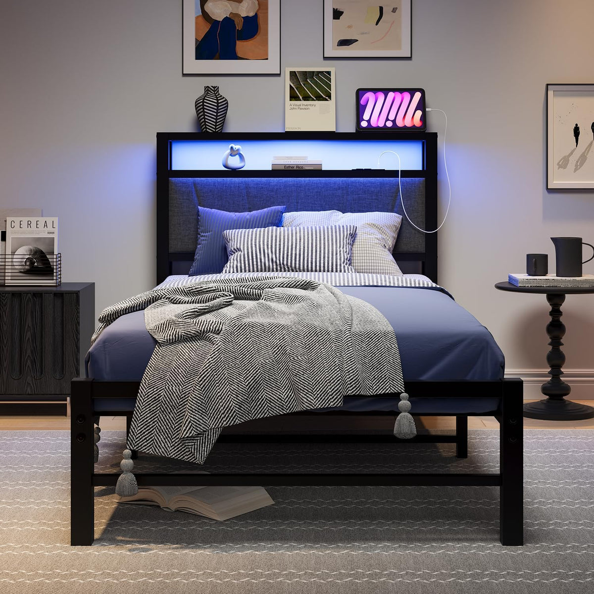 3ft eenpersoonsbedframes met opberghoofdeinde, laadstation/LED-verlichting, metalen gestoffeerd platformbedframe eenpersoons, geen boxspring nodig, ondersteuning voor sterke metalen