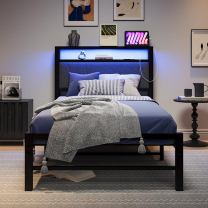 3ft eenpersoonsbedframes met opberghoofdeinde, laadstation/LED-verlichting, metalen gestoffeerd platformbedframe eenpersoons, geen boxspring nodig, ondersteuning voor sterke metalen