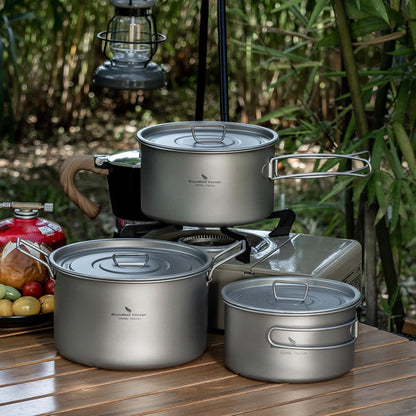 iBasingo Camping Kookpot Set 1.2L & 1.8L & 2.4L Outdoor Titanium Kookgerei Saus Pot Solo Hot Pot Lichtgewicht Draagbare Reizen Steelpan Koken Kit Backpacken Apparatuur Ti2109C