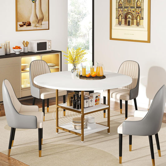 Tribesigns Round Dining Table with Shelves, 4 Persons, Round Dining Table, Kitchen Table with Wooden Top, for Dining Room, Living Room, Kitchen, White Gold