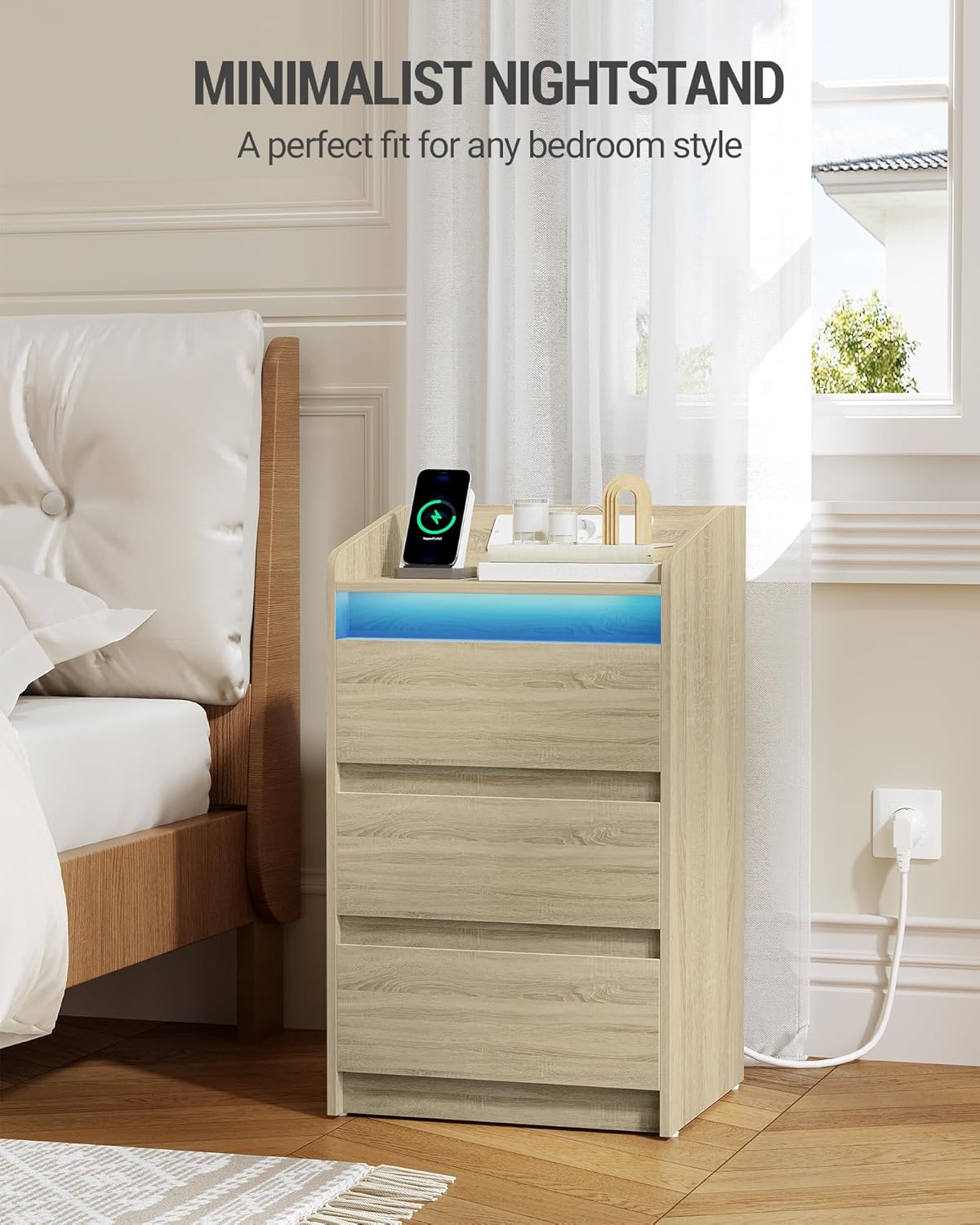 Hzuaneri Bedside Table Set of 2 with 3 Drawers, Side Table with Charging Base and LED, 2 AC Sockets and 2 USB Ports for Bedroom, Living Room, Oak Colors NS40116X