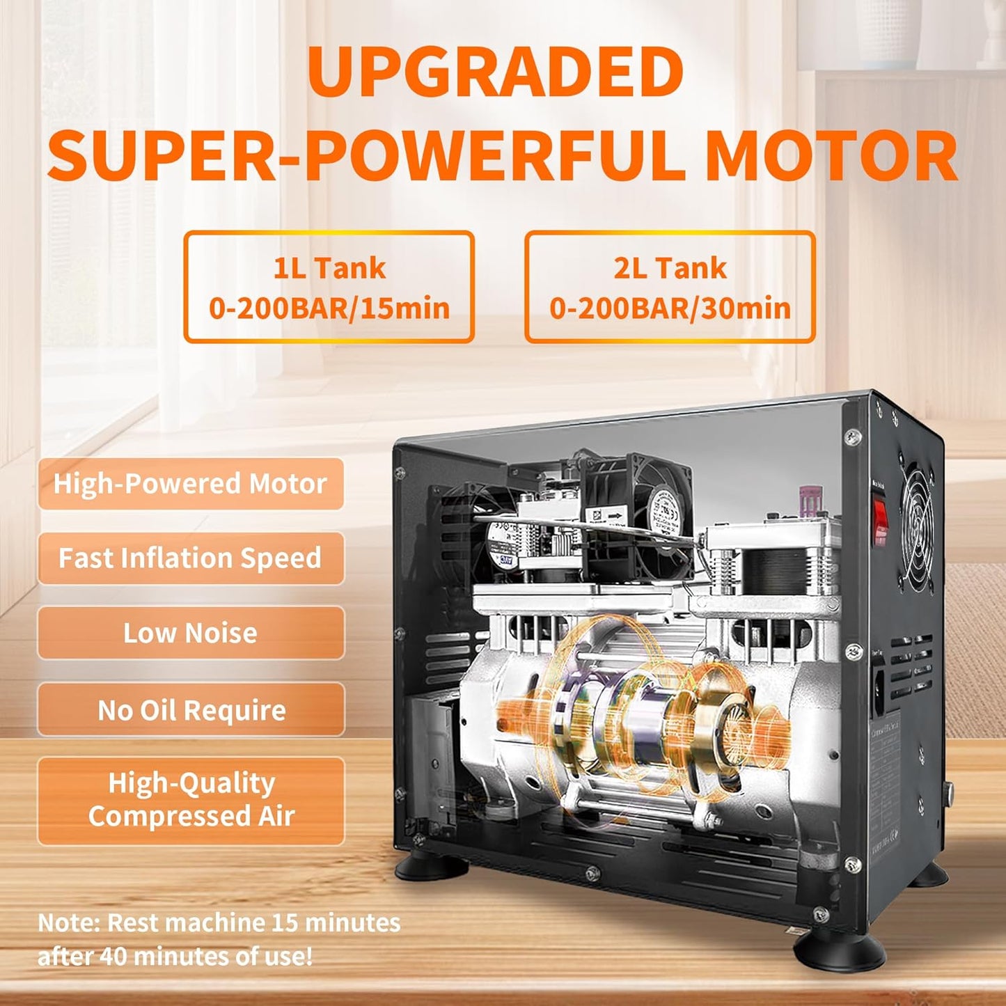 TUDIVING-4500Psi/300Bar Duikcompressor, 800W Dual-Cylinder PCP Luchtcompressor, Auto Stop Hogedrukcompressor, Duikcompressor voor het vullen van een 2L Duikfles