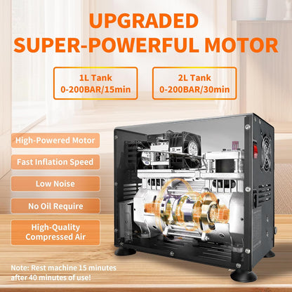 TUDIVING-4500Psi/300Bar Duikcompressor, 800W Dual-Cylinder PCP Luchtcompressor, Auto Stop Hogedrukcompressor, Duikcompressor voor het vullen van een 2L Duikfles
