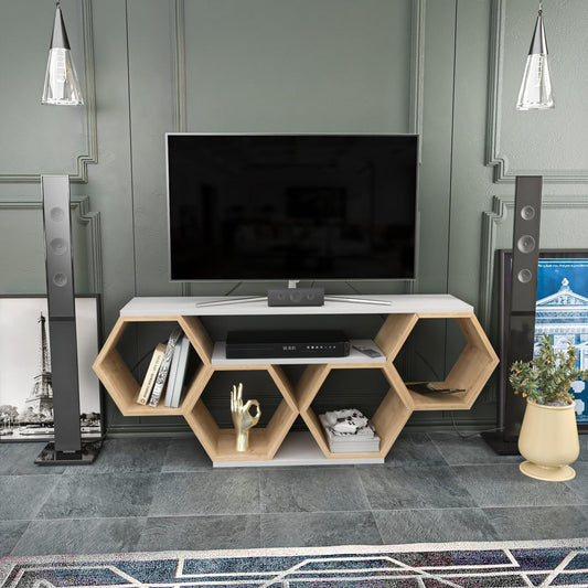 Hanah Home Stijlvolle tv-standaard, wit & Sonamo, 140 x 29,6 x 55,5 cm, 100% melamine gecoat particle board, 18 mm dik, modern design voor woonkamer en entertainment