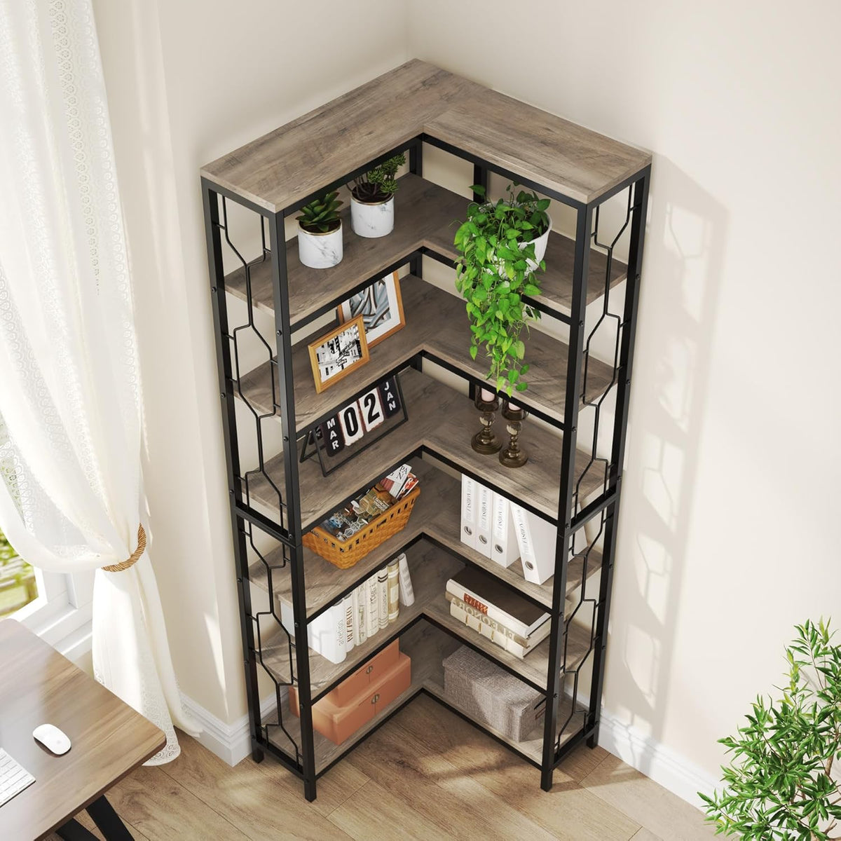 Tribesigns Corner Bookshelf, 7 Tier Industrial Corner Bookcase, Wooden and Metal Corner Shelf, Freestanding Display Shelf for Living Room, Kitchen, Home Office (Grey)