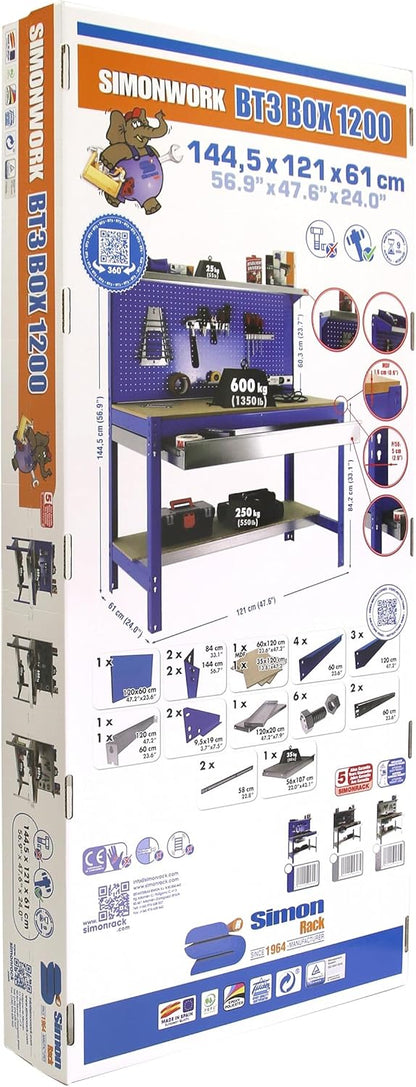 Simon Rack Sterke Werkbank met Lade, Bovenplank en Geperforeerd Paneel, 1445x910x610 mm, 400 kg Draagvermogen, Metalen Frame en Houten Werkblad, Compleet voor Werkplaats, Gegalvaniseerd/Hout – BT3