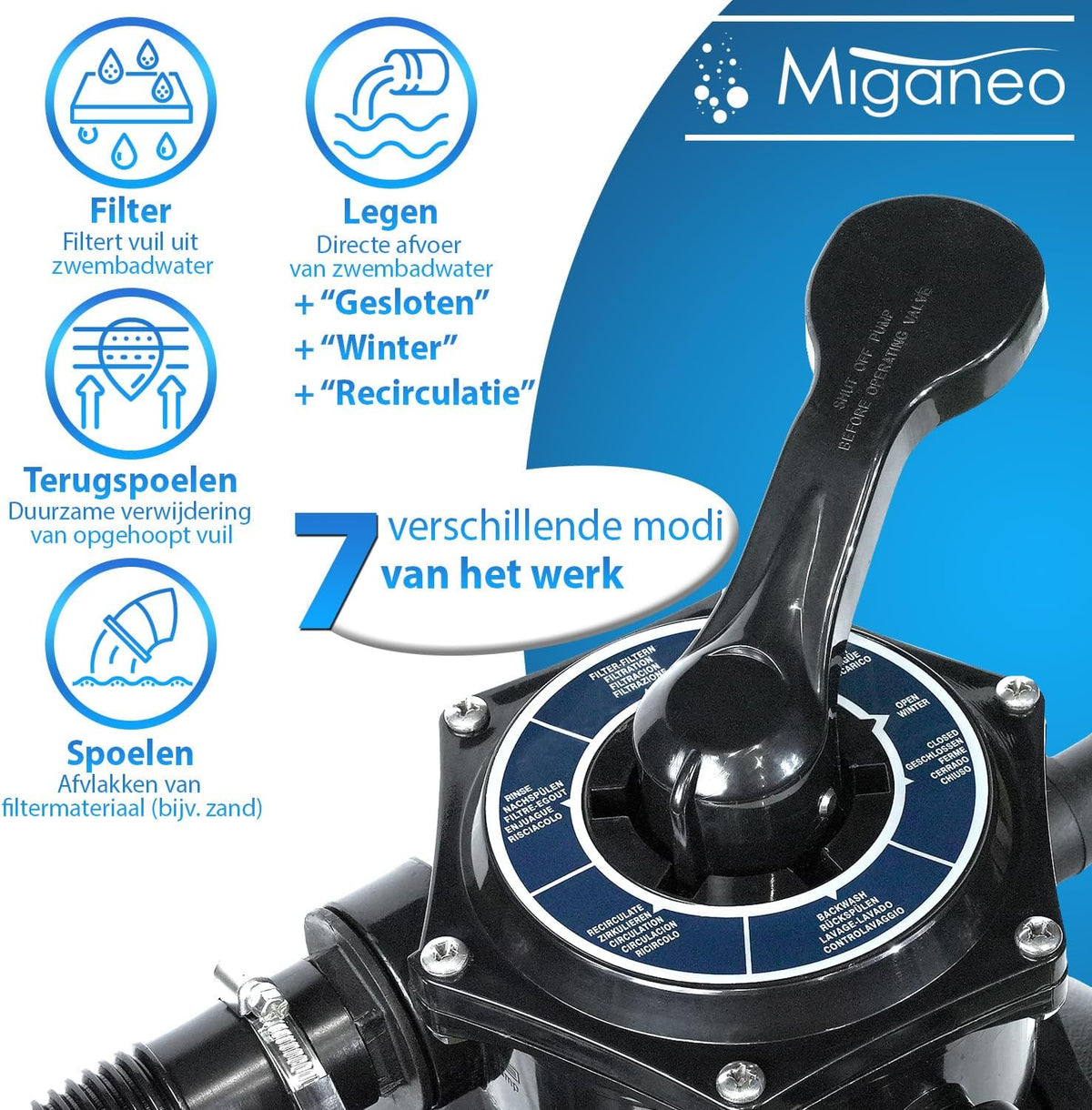 Miganeo Dynamic 10000 Pro zandfilter, zwart, 10.000 l/u, filtersysteem voor zwembaden, ketel 370 mm, zelfzuigmond