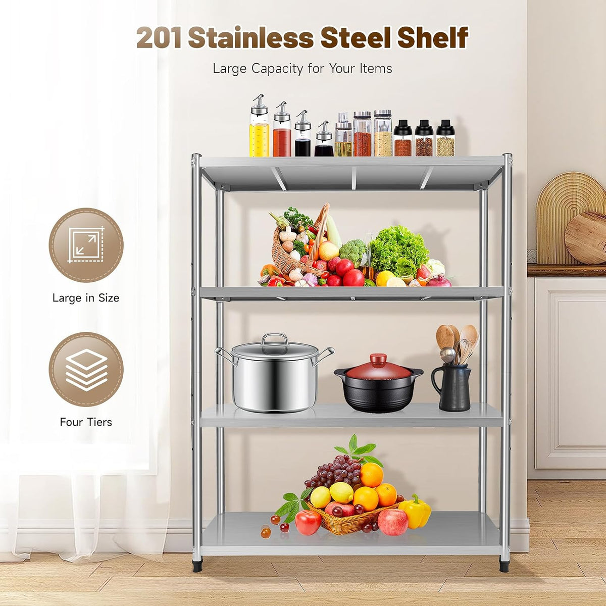 RVS Opslagrek – Metaalrek – Stellingkast – Garage Rek – Kelderrek – 4 Planken – Draagkracht 50 kg – 120x40x150 cm – Roestvrijstaal