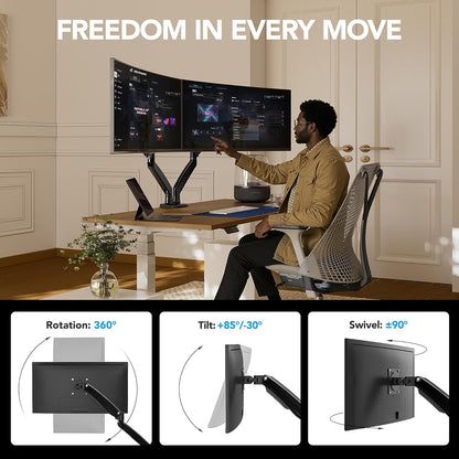 HUANUO Dubbele monitormontagestandaard - lange arm gasveer, 22-35 inch versterkbaar, VESA-beugel met klem, doorvoerbasis - elke arm houdt 12,0 kg vast