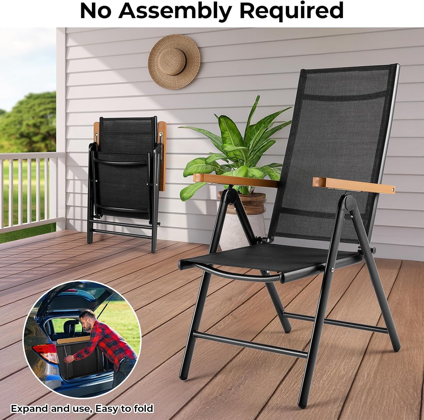 Aluminium Tuinstoelen set van 2, Inklapbare Buitenstoelen met Armleuning van Imitatiehout, 7-voudig Verstelbare Rugleuning, Ademend Balkonstoel campingstoel voor Veranda's Terrassen