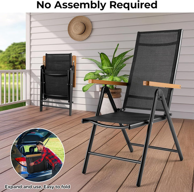 Aluminium Tuinstoelen set van 2, Inklapbare Buitenstoelen met Armleuning van Imitatiehout, 7-voudig Verstelbare Rugleuning, Ademend Balkonstoel campingstoel voor Veranda's Terrassen