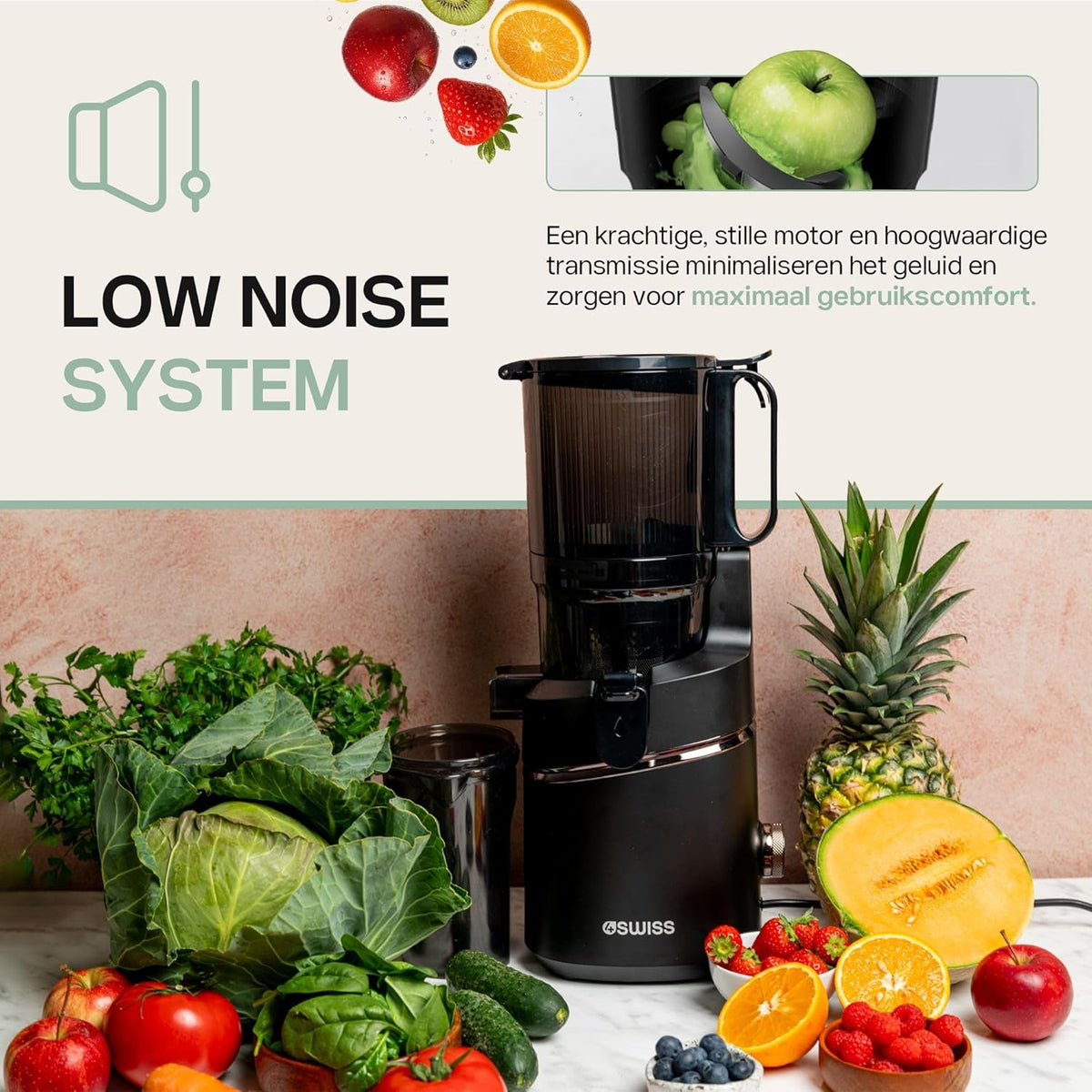 4SWISS Slow Juicer met Grote Opening van 135 mm, Cold Press Juicer Machine 0,5L, Sapcentrifuge met 37 tpm voor het Behoud van Voedingsstoffen, Sapmaker Sap Pers Makkelijk Schoon (WB025)