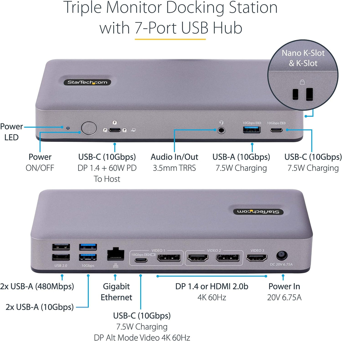 StarTech.com USB-C Docking Station, Multi Monitor USB-C Dock, HDMI/DP/DP Alt-mode, 3x 4K30 / 2x 4K60, 7x USB Hub, 60W Power Delivery, GbE, 3.5mm Audio, Works With Chromebook Certified (DK31C3MNCRUE)