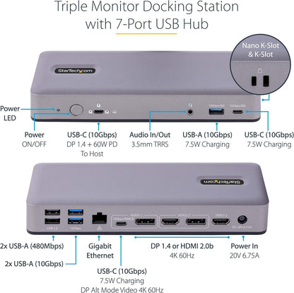StarTech.com USB-C Docking Station, Multi Monitor USB-C Dock, HDMI/DP/DP Alt-mode, 3x 4K30 / 2x 4K60, 7x USB Hub, 60W Power Delivery, GbE, 3.5mm Audio, Works With Chromebook Certified (DK31C3MNCRUE)