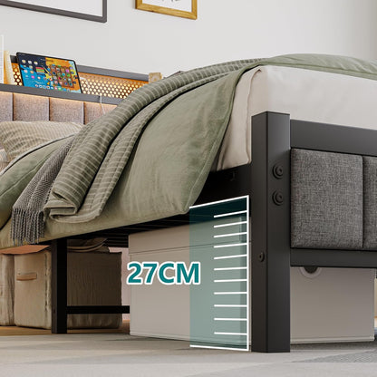 Bedframe met led, laadstation, eenpersoonsbed, logeerbed, metalen bed, gestoffeerd bed, 90 x 200 cm, bedframe van metaal, jeugdbed met lattenbodem, hoofdeinde in grijs, voor slaapkamer en