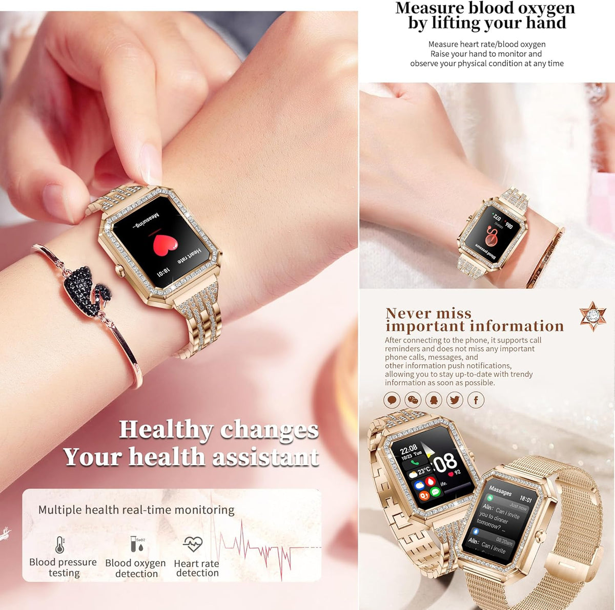 Smartwatch Dames met Telefoonfunctie, Fitnesstracker met Diamant,Bloeddrukmeting,Fitnesshorloge met Hartslagmeter Slaapmonitor, Activiteitstracker Armband met voor Android iOS (Zilver)