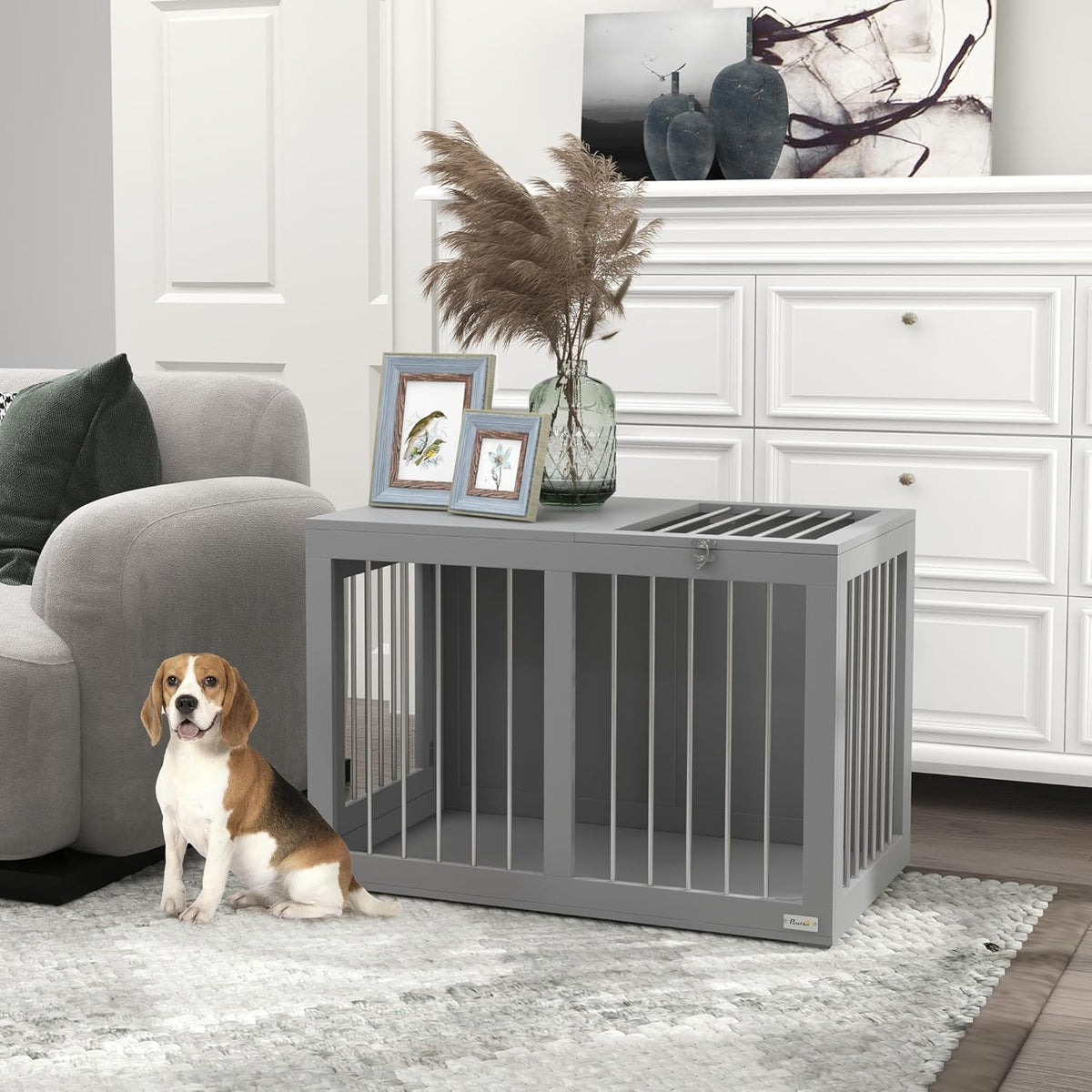 PawHut Hondenkooi, meubel met 2 deuren, staal, hondenbox voor thuis, binnen, hondenhok voor middelgrote honden tot 20 kg, bijzettafel, hondenhuis, 80 x 50 x 56,5 cm, grijs