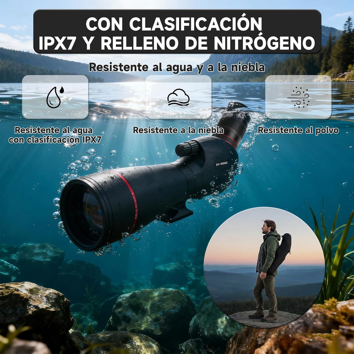 Ultra HD 20-60 x 82 telescoop, FMC-lens, BAK4-prisma, IPX7 waterdicht, met statief, tas en adapter, voor vogels spotten, wilde dieren observeren en schietoefeningen