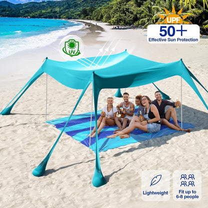 Rhino Valley Beach Tent, 10 x 10 FT Beach Shade UPF50+ Protection, Beach Canopy with 8 Sandbags 4 Stability Poles,Outdoor Beach Tent Sun Shelter Umbrella for Sand,Camping,Fishing Essentials,Mint Green