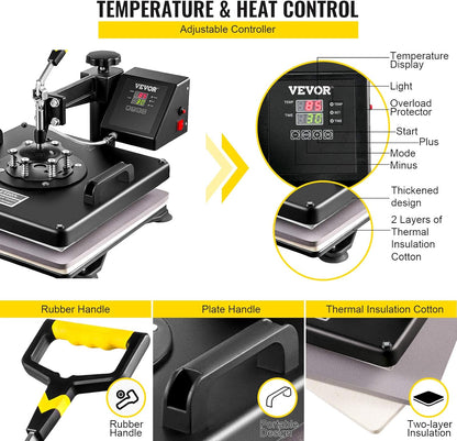 VEVOR transferpers, 8-in-1, 38 x 38 cm, hittepers, 1250 W, T-shirt-hittepers, Hittepersmachine,360 graden draaibaar, doe-het-zelf, multifunctionele sublimatie-hittepers met digitale LED-temperatuur- en tijdregelaar