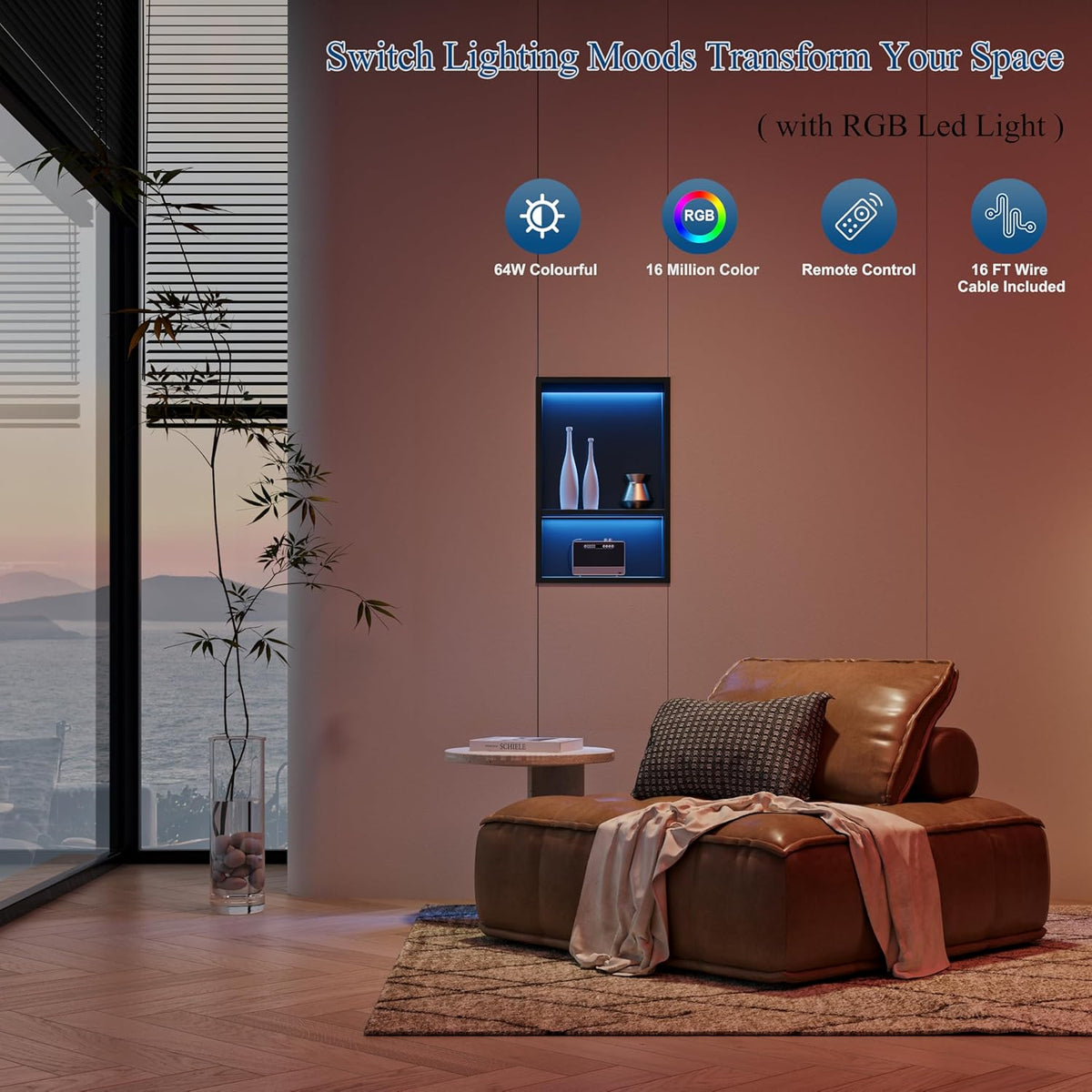 Wanddouche roestvrij staal met RGB ledlicht, dubbele douchebak zwart met afstandsbediening opslag voor badkamer, 45 x 30 cm