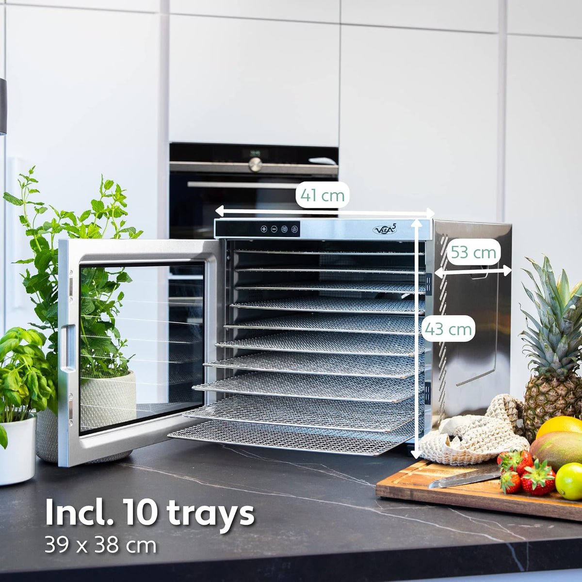Vita5 Voedseldroger van roestvrij staal met 10 trays - Voedseldroger voor vlees. fruit. groenten en champignons - 24-uurs timer en instelbare temperatuur 35-75°C - 1000W