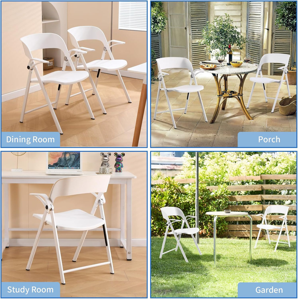 KAIHAOWIN 2 stuks kunststof klapstoel met armleuning, zware opvouwbare stoelen met stalen frame, commerciële stapelbare gaststoelen voor binnen en buiten, wit