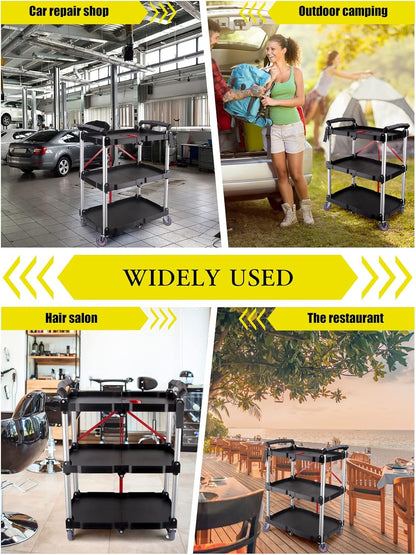Opvouwbare servicekar met 3 niveaus – Opbergwagen – Serveerwagen – Trolley – Rollende kar – Compact opvouwbaar tot 19 cm – Draagvermogen 74,8 kg