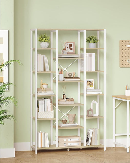 Hzuaneri bookshelf, bookcase with 6 levels and 15 open shelves, adjustable storage cabinet for living room and home office, 30 x 100 x 170 cm, White oak and white, BC15016W