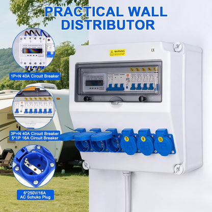 Bouwstroomverdeler, wandverdeler, volledig bedraad (6 x 230 V + LS+FI + teller)