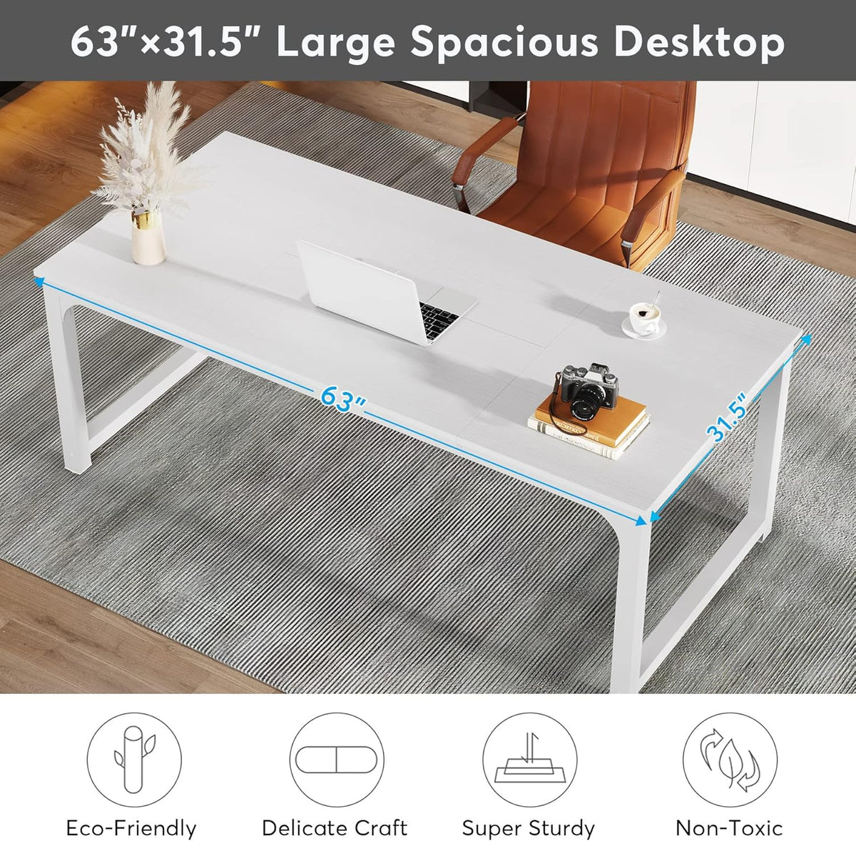Tribesigns Computer Desk 160x80CM Large Industrial Desk for Home Office, PC and Laptop Workstation with Spacious Worktop and Leg Space, Sturdy Metal Frame (White)
