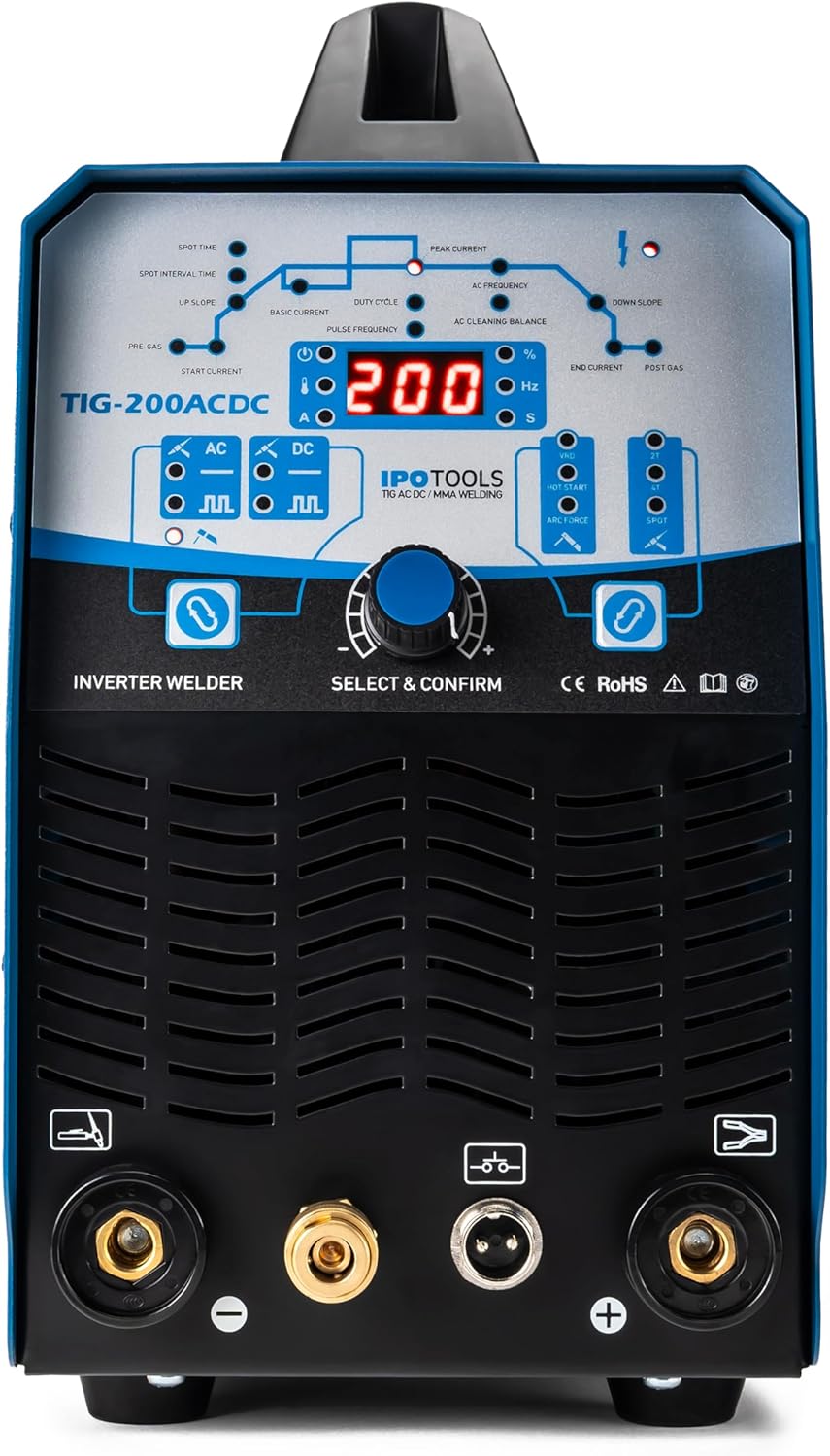 IPOTOOLS TIG-200ACDC WIG lasapparaat, AC DC, lasapparaat met 200 ampère, aluminium lasapparaat, inverter, incl. HF-ontsteking, pulsfunctie, SPOT-lassen, MMA, IGBT-technologie, 7 jaar garantie